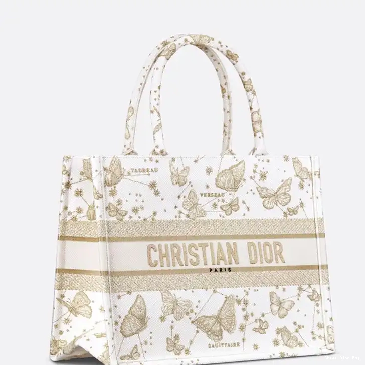 Dior Outlet Canvas Tote Dior Motif Gold Butterfly Zodiac White Book 0509